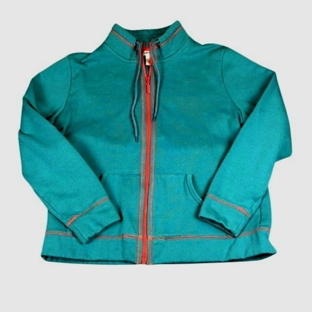 Orvis‎ Womens L Full Zip Sweatshirt Teal Green Coral Pink Mock Neck RN70534